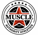 Red five point star in the center of a black and white circle logo reads: Muscle Authority Athletics