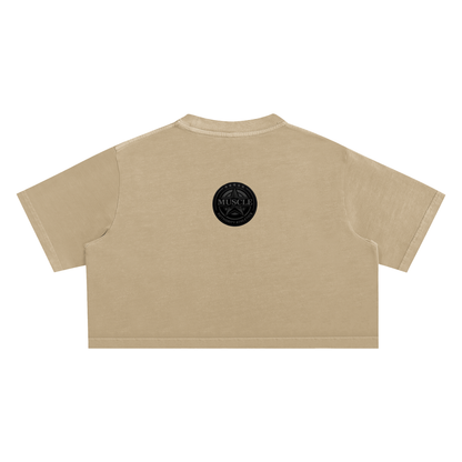 Women Locked In Khaki Snow Washed Crop Top with Black Lettering