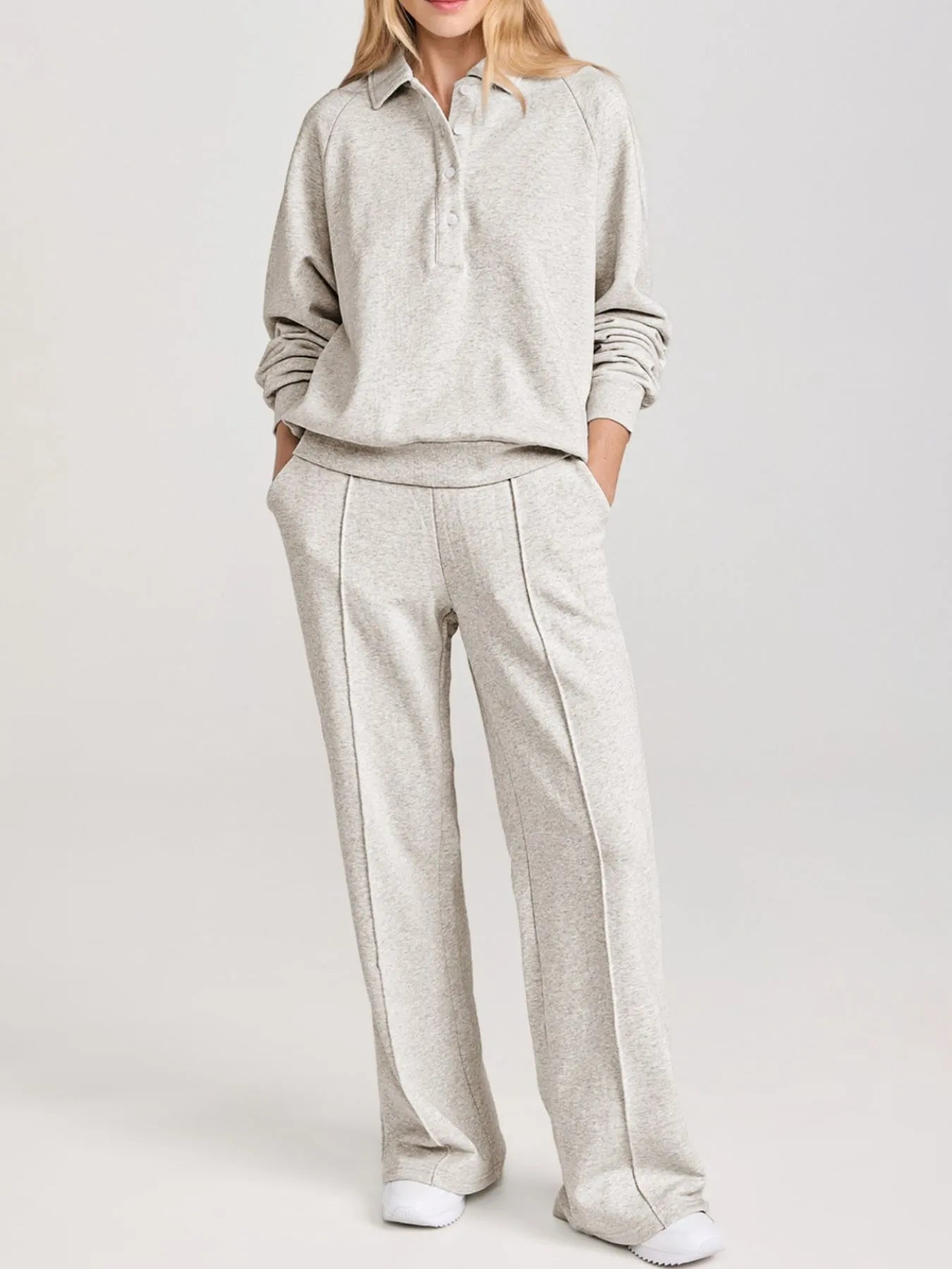 Collared Sweatshirt and High Waist Pants Active Set