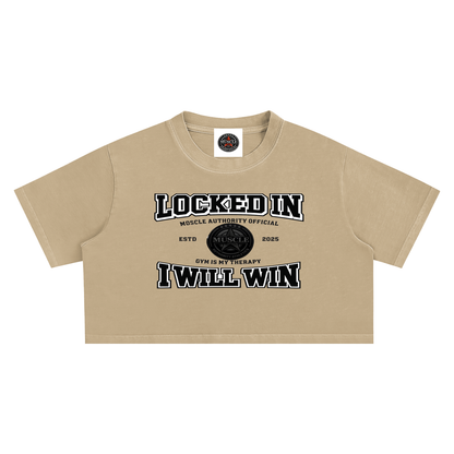 Women Locked In Khaki Snow Washed Crop Top with Black Lettering