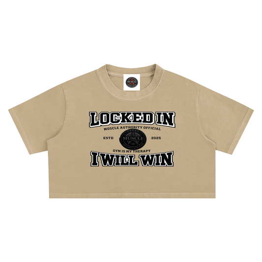 Women Locked In Khaki Snow Washed Crop Top with Black Lettering