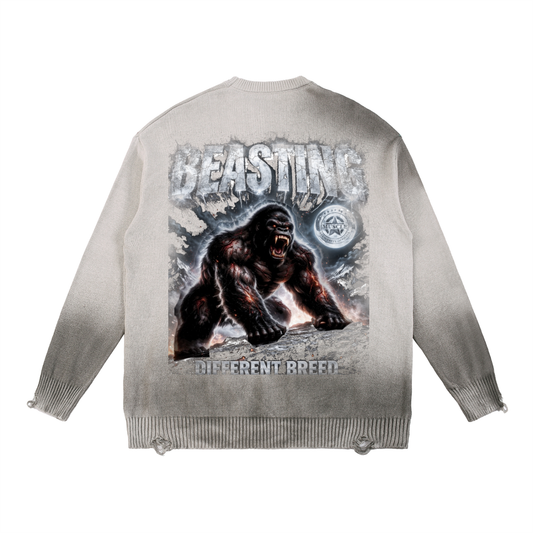 Beasting Gray Sun Fade Distressed Ripped Crewneck Sweater